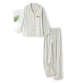 Minimalist striped cotton pajama set with dachshund embroidery and yellow trim detailing - S / Black & White Stripes