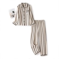 Gevoerde pyjamaset met beige en zwarte verticale strepen en panda-borduurwerk - S / Zwart-witte Strepen - Dames