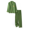 Dark green striped cotton pajama set with cute squirrel embroidery and yellow piping trim - Men-Green Stripe