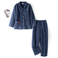 Pigiama termico a righe in cotone trapuntato blu navy per coppie con ricamo di gatto - L / Blu Marino Uomo