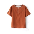 Short sleeve rust red double gauze cotton Henley pajama shirt with animal embroidery - Men's Caramel Short Sleeve