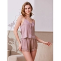 Women's pink satin sleepwear set featuring a camisole with buttons and lace trim shorts - M / Dusty Pink