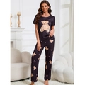Women's cute black pajama set with teddy bear print featuring long pants and round neck top - S / Black