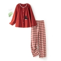 Pigiama da donna in cotone rosso con pizzo e pantaloni classici a quadri rossi e bianchi - S / Stile Gatto Rosso Mattone