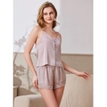 Elegant lavender silk-like two-piece pajama set with lace trim and strap top - M / Walnut Pink