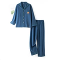 Navy blue striped cotton pajama set with green piping and panda embroidery - Navy Blue-Men
