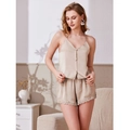 Women's champagne satin pajama set with lace trim camisole and shorts two-piece sleepwear - M / Champagne