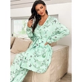 Three-piece women's mint green pajama set with floral butterfly print and belted robe - S / Green