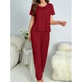 Women's two-piece wine red pajamas set with short sleeve top and casual lounge pants - XL / Wine Red