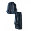 Dark blue and yellow checkered cotton pajama set with cute embroidery in size M - Men's Embroidered Blue Plaid