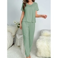Women's sage green pajama set with short sleeve top and joggers in soft milk silk fabric - S / Green