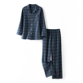 Quilted navy blue plaid pajamas set with long sleeves and buttons for men and women - S / Blue Plaid (No Embroidery)