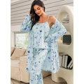Women's light blue 3-piece floral pajama set with tank top, pants, and long cardigan - S / Blue