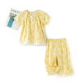 Kids yellow cotton pajama set with cute pear cartoon print and ruffle hem details - 120cm / Creamy Yellow Pear Bunny Short Sleeve Style (LZ2993)