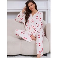 Women's heart print long sleeve pajama set in cream white with textured fabric - S / Red