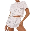 Women's white pajama set with red heart print, including short sleeve tee and shorts - S / White