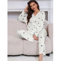 Women's cream pajama set with dark grey heart print and ribbed texture fabric - S / Gray