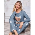 Women's two-piece pajamas set featuring blue long-sleeved cartoon bear top and star print pants - S / Grey Blue