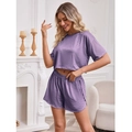 Set pigiama in maglia a righe viola da donna con maniche corte e pantaloncini con coulisse - S / Viola