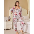 Conjunto de pijama de 3 piezas para mujer con bata de flores rosas y pantalón - S / Blanco