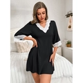 Loose black modal nightgown with white lace V-neck trim and five-point sleeves - Black and White