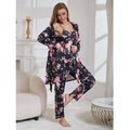 Conjunto de pijama de satén floral de 3 piezas con camisola, pantalón y bata negra - S / Negro