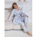 Women's 3-piece light blue floral sleepwear set with robe, camisole and ruffle hem pants - S / Light Green