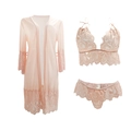 Three-piece pale pink lace lingerie set including sheer robe, bralette and panty - M / Apricot