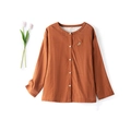 Caramel cotton gauze pajama top with a squirrel embroidery and round neck design - S / Women's Caramel Long Sleeve