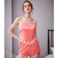 Coral pink satin pajamas set with lace trim featuring thin straps and loose shorts - M / Watermelon red