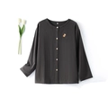 Dark gray double-layer cotton pajama top with long sleeves and delicate animal embroidery - S / Women's Charcoal Grey Long Sleeve