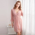 Completo notte rosa con pizzo floreale e maniche a volant in rete velata per donna - M / Rosso Fagiolo