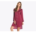 Women's burgundy satin long sleeve nightshirt with contrast piping and curved hemline - Burgundy