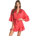 Kurzer roter Satin-Bademantel mit ausgestellten Ärmeln und Rüschensaum - Rot