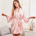 Pink satin bridal robe with wide sleeves and waist tie for a silky elegant homewear look - M / Pink
