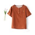Short sleeve rust-brown double gauze cotton pajama top with bulldog embroidery - Women's Caramel Short Sleeve