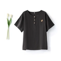 Dark charcoal grey cotton short-sleeve pajama top with squirrel embroidery and Henley collar - Women's Charcoal Grey Short Sleeve