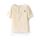 Men's cream cotton gauze pajama top with squirrel embroidery and wooden buttons - Men's Off-white Short Sleeve