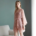 Elegant light pink lace robe for women with matching waist belt and mid-length sleeves - M / Peanut Red