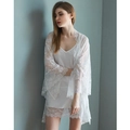 Elegant white lace robe and silk satin chemise two-piece lingerie loungewear set - M / White