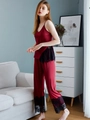 Women's burgundy silk satin pajama set with black lace trim and adjustable cami top - M / Wine Red