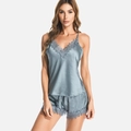 Women's silk lace pajama set with V-neck camisole and shorts in smoky grey color - M / Light Gray