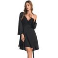 Elegant black silk satin two-piece sleepwear set with intricate lace trim for women - M / Black