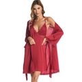 Elegant wine red satin pajama set featuring a lace-trimmed nightgown and matching silk robe - M / Wine Red