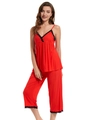 Women's red modal two-piece pajama set with elegant black lace trim and wide-leg pants - S / Red