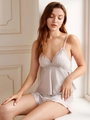 Elegant light grey satin lingerie set with lace V-neck camisole and matching shorts - Silver Grey