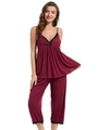 Women's burgundy modal pajamas set with lace trim camisole and cropped pants - S / Burgundy