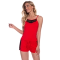 Red modal pajama set for women featuring black lace trim and adjustable drawstring waist - S / Red