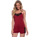 Women's burgundy cotton sleepwear set with black lace trim and spaghetti straps - S / Burgundy