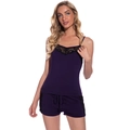 Women's plus size purple pajama set with black lace trim and adjustable drawstring - S / Eggplant Purple